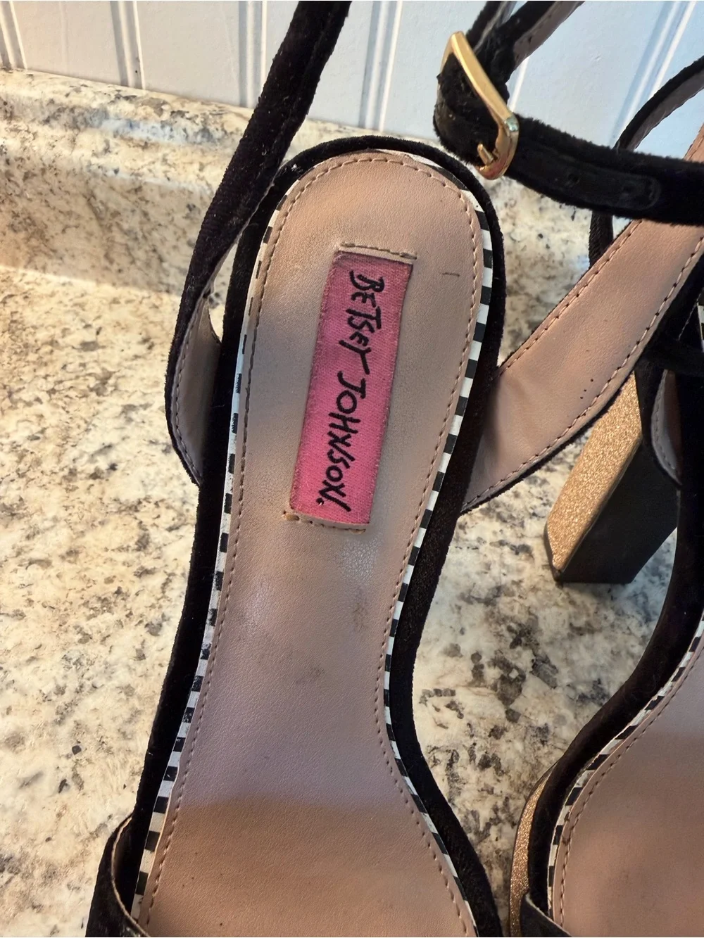 Betsey Johnson Black Platform Ankle-Strap Sandals with Gold Glitter Heel
